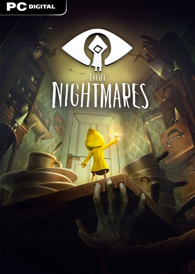 Little Nightmares video game cover - small girl wearing yellow coat in a dark room with monsters creeping behind her