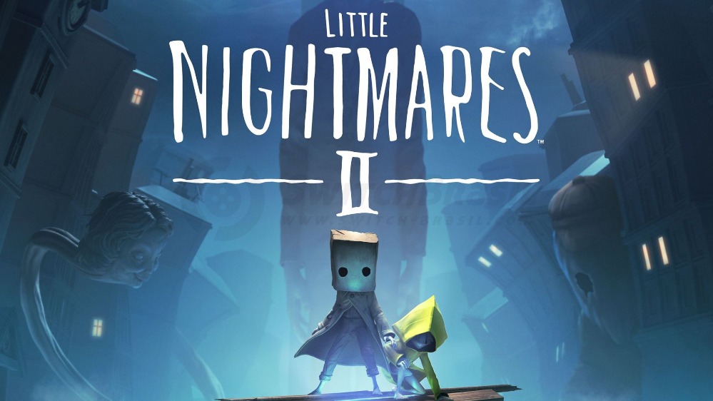 Little Nightmares 2 video game cover - two characters standing in a warped cityscape surrounded by absurd monsters