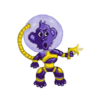 Milo the Space Monkey - purple monkey in a spacesuit holding a banana gun