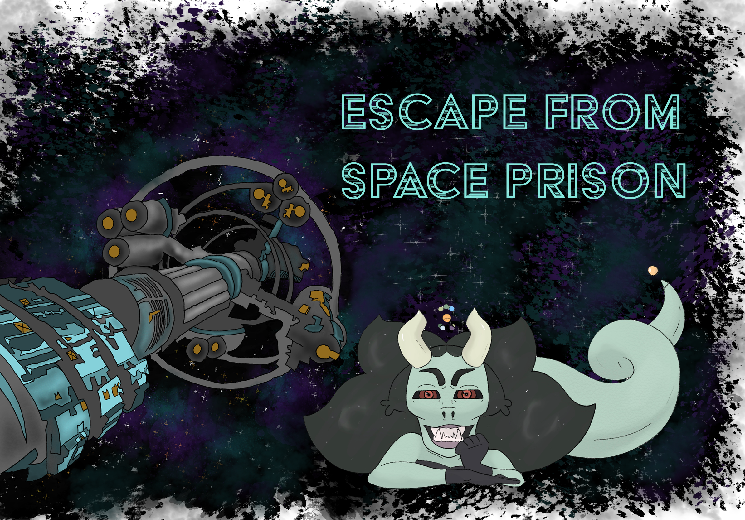 Escape from Space Prison banner - a spaceship behind an evil snakelike creature floating in space